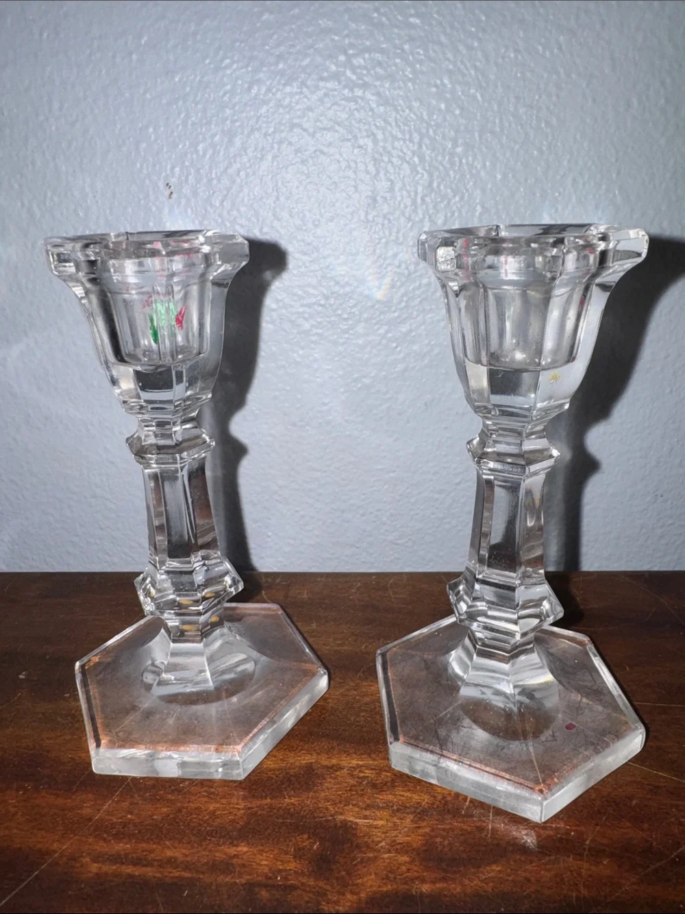 Vintage Pair of Clear Pressed Glass Candlestick Holders Hexagonal Base